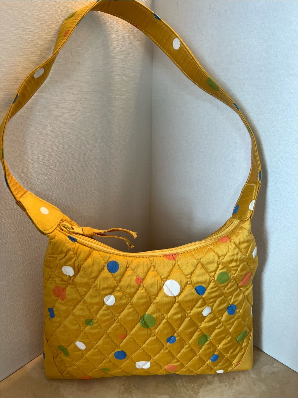 Vera Bradley Yellow Silk Quilted Shoulder Bag with Multicolor Dot Accents